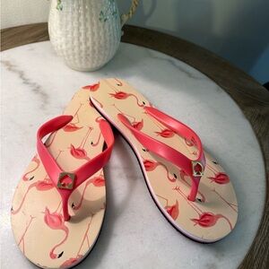 Kate Spade Flamingo Print Flip Flops with Coral Pink Straps